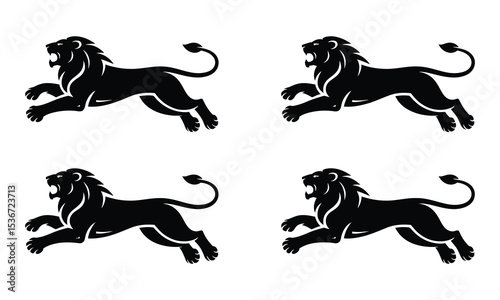 Four black silhouette lions leaping design elements