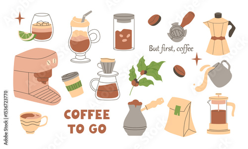 Coffee set of hand-drawn elements. Vector illustration