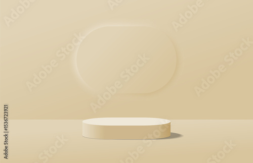 Abstract realistic cream 3d round podium and horizontal round shape backdrop. Minimal scene for product display mockup. Vector geometric platform. Vector stage rendering. Stage for product promotion.