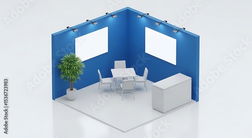 Isometric View of a Modern Blue Exhibit Booth with White Furniture