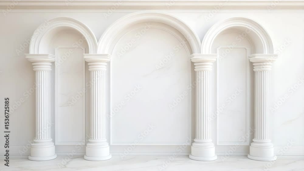 White classical interior with three arches and fluted columns, elegant ...