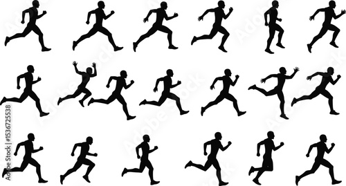 Silhouette running man vector, athletic sprint motion sequence, jogging figure animation, black fitness runner pose, track race illustration design