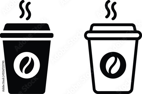 Two Coffee Cup Icons with Coffee Bean Symbol and Steam Black and White