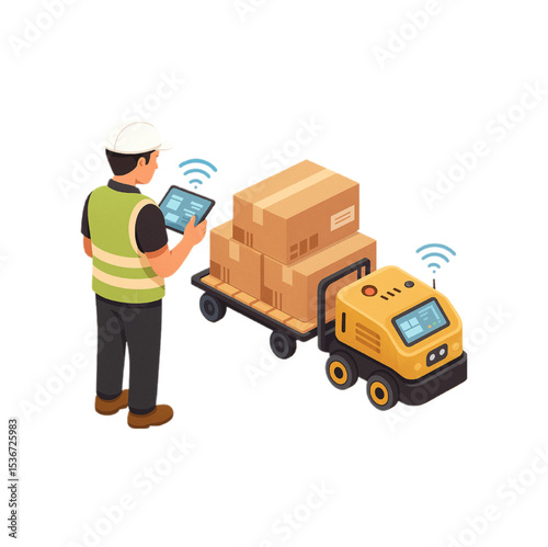 Automated Warehouse Worker Using Tablet to Manage Smart Cart Delivery of Cardboard Boxes