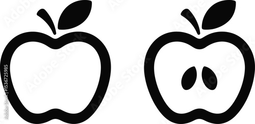 Simple Black and White Apple Outline Icons Whole and Half with Seeds