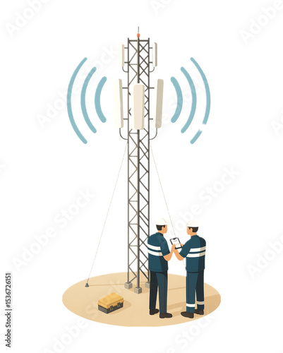 Telecommunication engineers inspect a cellular tower broadcasting wireless signals ensuring reliable network connectivity and efficient infrastructure maintenance.