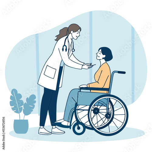 female doctor checking wheelchair patient