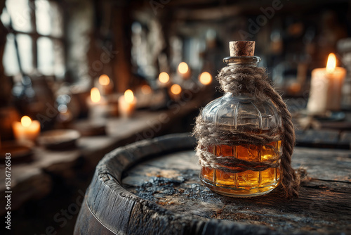 Spiced Rum Bottle on Pirate Tavern Barrel