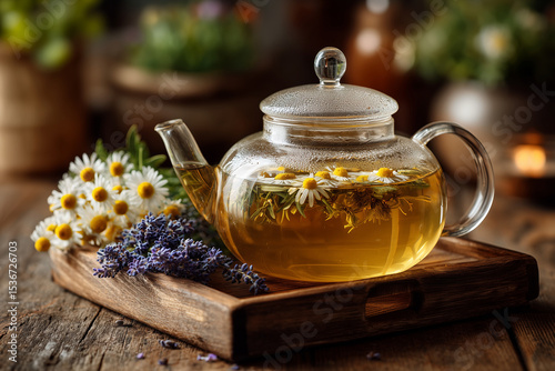 Herbal Tea in Glass Teapot with Chamomile and Lavender