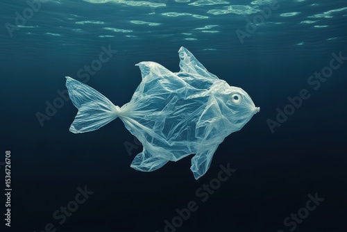 A plastic bag fish, floating in the ocean, green sustainability