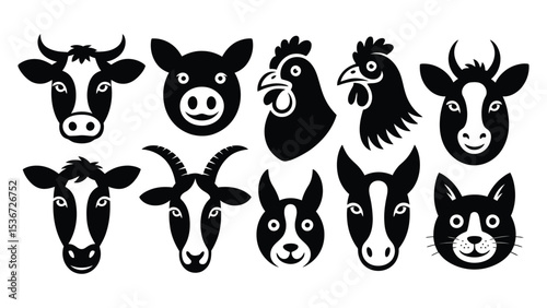 set of 10 black silhouette farm animal faces including cow, pig, chicken, goat, horse, dog, cat, rooster in minimal vector style