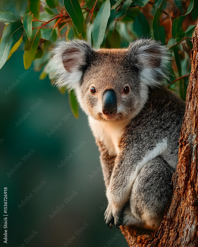 Fototapeta premium Cute koala sitting on eucalyptus tree in natural Australian forest with curious expression