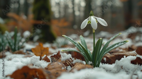 Snow-covered forest floor with a single white spring flower