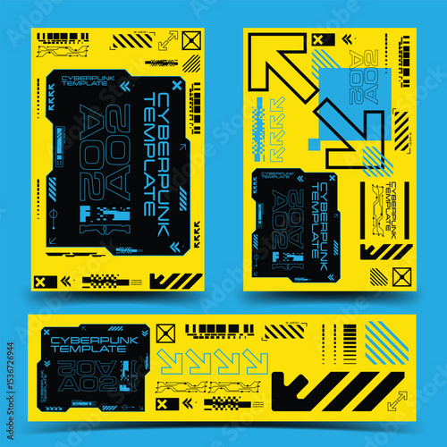 y2k 2000s sci-fi cyberpunk gaming retro-futuristic layout poster banner template set dashboard HUD for ux-ui application, 2d vector illustration 