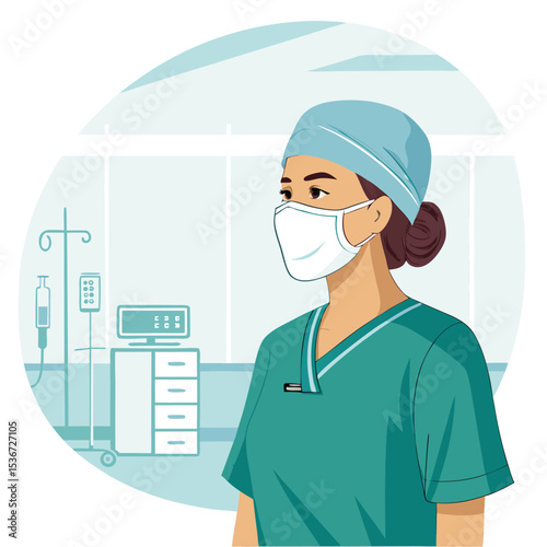 female surgeon with surgical mask and cap