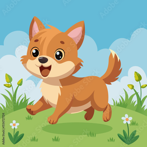 Playful puppy running through grassy field