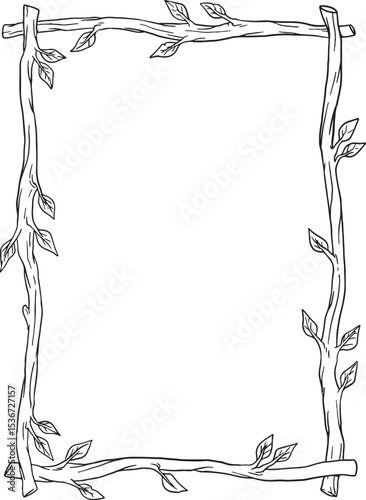 decorative rectangular frame made of intertwined branches and leaves, in a delicate line art style. Perfect for nature-themed designs, rustic borders, whimsical elements, or highlighting photos and te