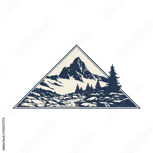 Vintage Mountain Landscape Vector – Wilderness Nature Scene, Rocky Terrain, Pine Trees, Adventure Emblem, and Outdoor Hiking Logo in Triangle Shape