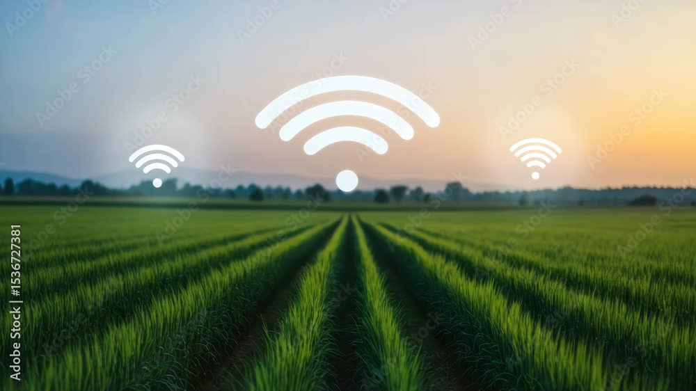 Smart agriculture concept with green field and wireless internet connection network, modern technology improving farm efficiency and crop monitoring in agriculture field grass