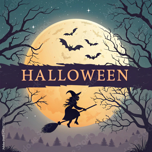Spooky Halloween design featuring a witch flying on a broomstick under a full moon with bats silhouettes against a night sky landscape