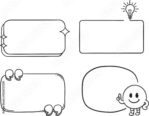 Set of creative and diverse doodle-style text boxes and speech bubbles, including elements like a light bulb for ideas and quotation marks for quotes. Perfect for presentations, comics, educational ma