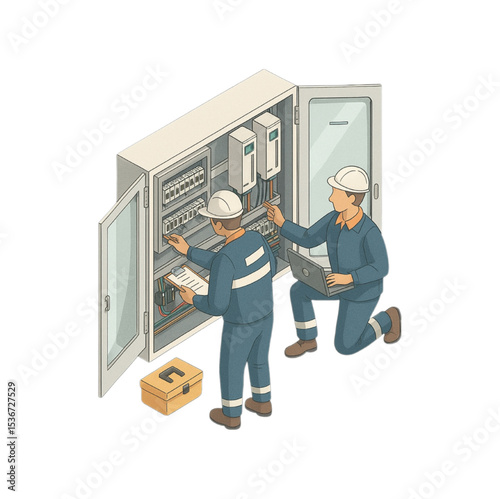Two Electricians Inspecting Electrical Panel Equipment during Maintenance Work