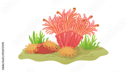 Colorful coral reef with various sea anemones and aquatic plants thriving in a vibrant underwater ecosystem