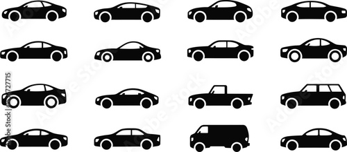 Variety of Vehicle Icons Including Cars Trucks and Vans in Black Silhouette on White