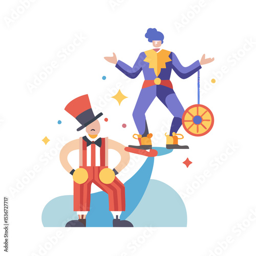 Two clowns perform a balancing act at a carnival under bright colors and playful decorations during the summer festival