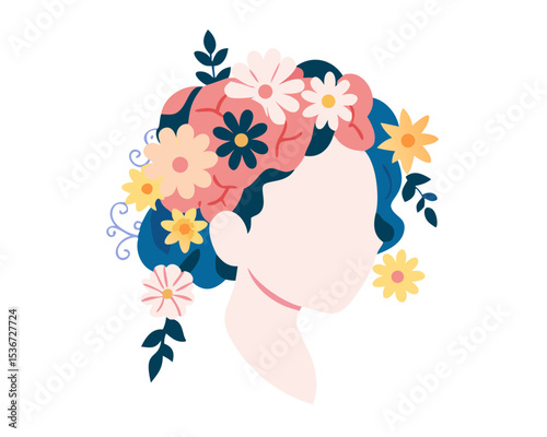 Floral headdress design featuring a woman with colorful hair and vibrant flowers in a whimsical artistic style
