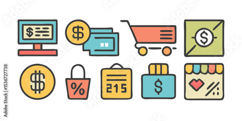 Colorful digital illustrations of shopping and finance symbols display modern commerce concepts in a creative arrangement