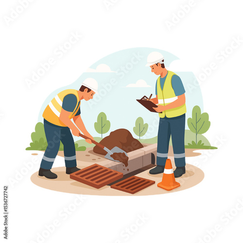 Workers repairing a city drain system outdoors using shovels and a clipboard for documentation.  Illustrative vector art depicting urban infrastructure maintenance and public works.