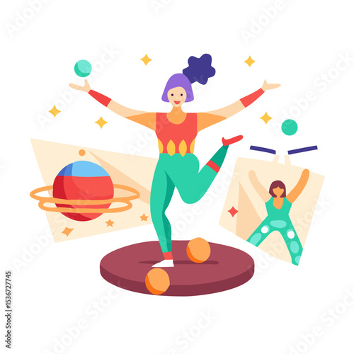 Colorful character showcases balance and agility in a playful cosmic-themed setting during a dynamic performance