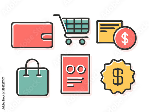 Shopping icons illustrating consumerism, payment methods, and retail activities in a digital style