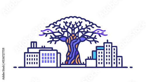Urban landscape featuring a large tree growing among buildings during a bright sunny day