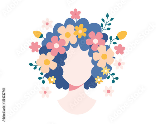 Colorful floral hairstyle illustration featuring a woman with curly hair in a minimalist style