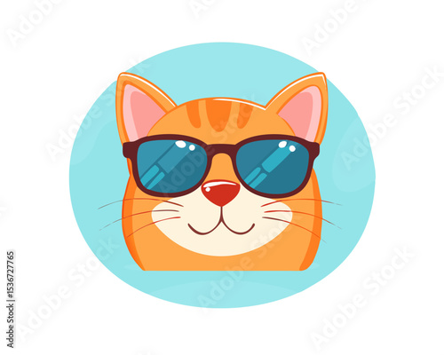 Cat wearing sunglasses enjoys sunny day in a playful, colorful setting with bright blue background and cheerful vibe