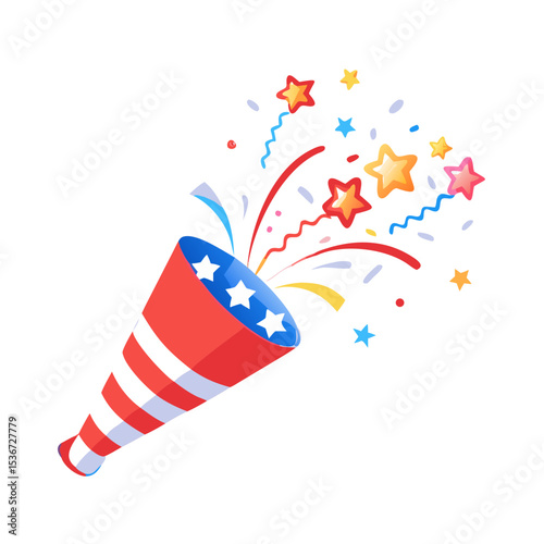 Colorful party popper bursting with stars and streamers for festive celebrations during summer events