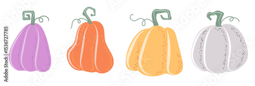 Hand drawn autumn pumpkin set. Autumn Vegetable harvest. Collection of Elements for Halloween or Thanksgiving decorative design. Vector illustration