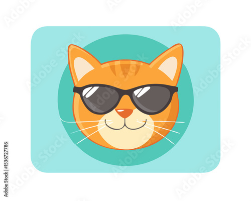 Cat with sunglasses smiling cheerfully against a light blue background in a playful design illustration