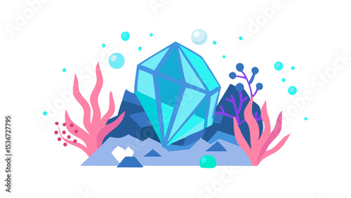 Vibrant blue crystal surrounded by coral and natural elements in an underwater landscape