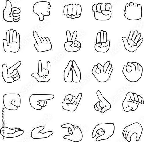 Collection of hand gesture line art, perfect for icons, illustrations, or educational materials. Includes various poses like thumbs up, pointing, peace, and open palms, offering diverse communication.