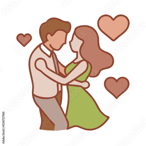 Couple dancing closely in a joyful moment surrounded by floating hearts during a romantic setting