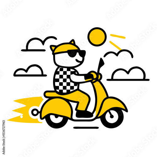 Cat riding a yellow scooter under a sunny sky with clouds in a playful and vibrant scene