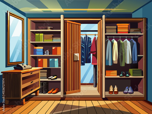 vector of Wall closet in the bedroom for clothes and bags, wooden and sliding, new design.