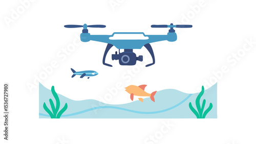 Exploring underwater life with drones and fish in a vibrant aquatic environment