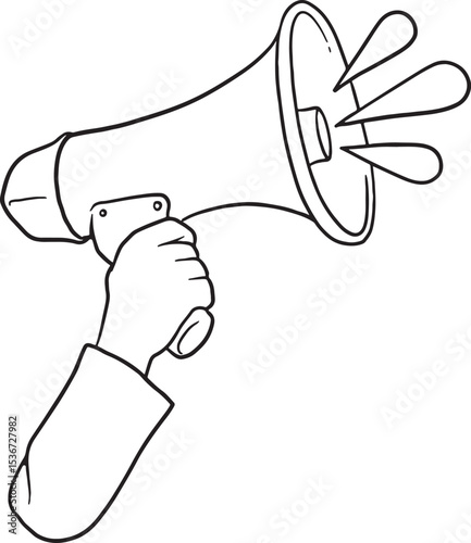 Hand holding a megaphone, depicted in a clean line art style. This illustration is perfect for conveying concepts of announcement, public speaking, protest, marketing, or important messages.