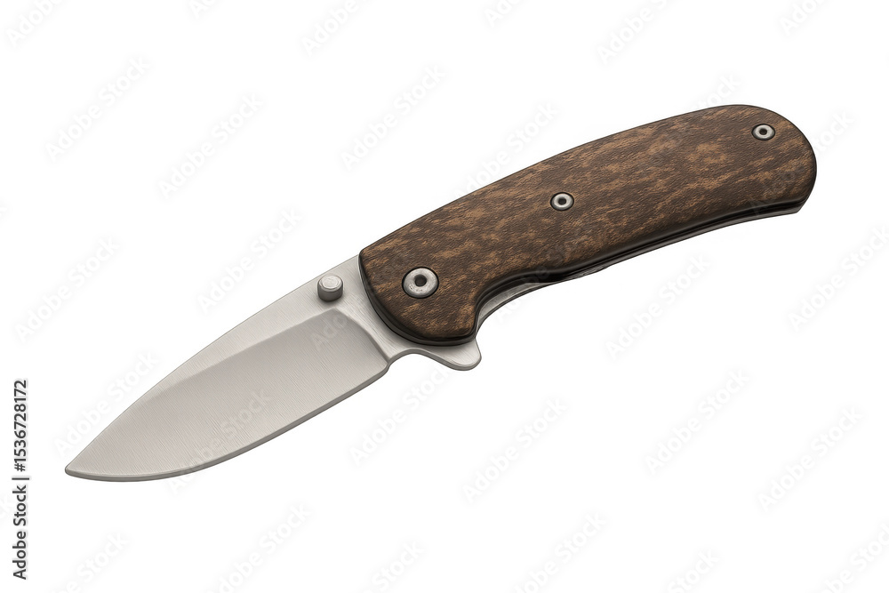 Sharp pocket knife with wooden handle, steel blade gleaming, positioned against transparent backdrop highlighting detailed craftsmanship Sharp pocket knife with wooden handle, steel blade gleaming, positioned against transparent backdrop highlighting detailed craftsmanship