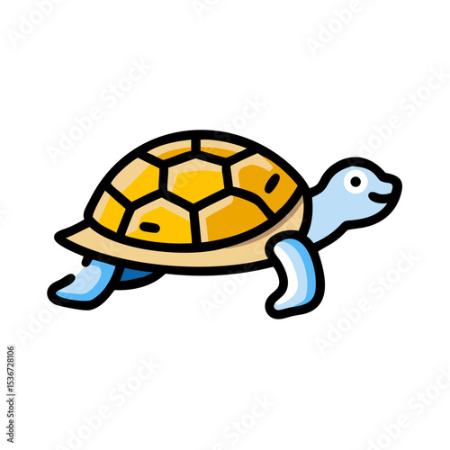 Cute cartoon turtle with a yellow shell walking on a white background in a playful and vibrant style