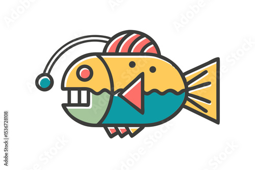 Colorful cartoon fish with bold features swimming in a stylized aquatic environment